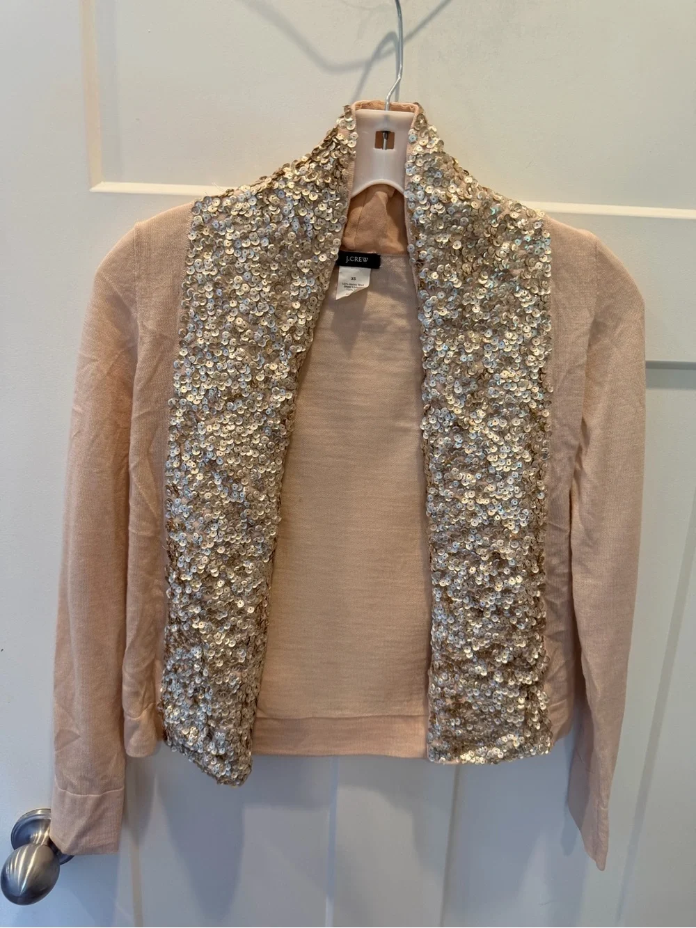 J.Crew XS Blush Merino Wool Champagne Sequin Shawl Collar Cardigan